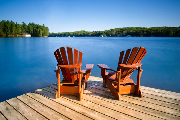 Adirondack chairs on a wooden dock on a calm lake in Muskoka, Ontario Canada. Cottages nestled between trees are visible across the water.