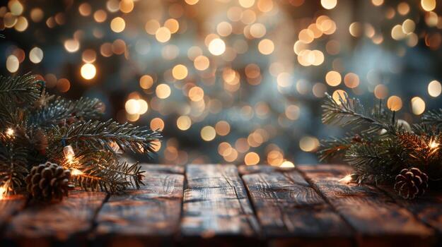 christmas winter blurred background with wooden table and garland lights with golden bokeh photo